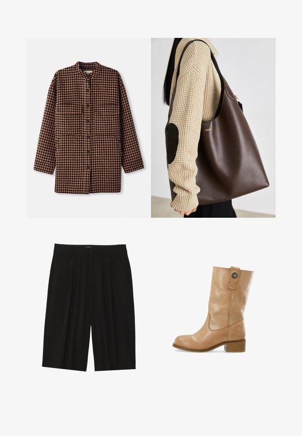 Brown and black houndstooth patterned shirt jacket with a mandarin collar, front button closure, and two chest pockets.; Black long-sleeve crew neck shirt with a small white label reading "WEEKDAY" inside the collar, displayed on a light background.; Brown button-up shirt with a classic collar, long sleeves, and a straight cut. Soft texture and minimalistic design with no patterns.; Black pleated shorts made of a smooth fabric, featuring side pockets and a straight cut, with a mid-thigh length.; Tan leather ankle boot with a rounded toe, low stacked heel, side stitching, and a snap detail at the shaft. Smooth texture.; Brown leather tote bag with a spacious design. Features a smooth texture and a subtle gold logo. Paired with a cream knit sweater.