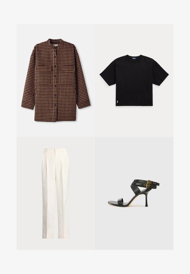 Bruine en zwarte houndstooth-gepatroneerde shirtjas met een mandarin-kraag, gesloten met knopen aan de voorkant en twee borstzakken.; Zwarte katoenen T-shirt met korte mouwen, ronde hals en een klein wit logo op de linker benedenkant. Klassieke, rechte pasvorm met minimale details.; Polo Ralph Lauren HEMP WIDE LEG PANT - Broek - nevis; Zwarte hoge hak sandaal met gekruiste bandjes en verstelbare gespsluiting. Heeft een gladde textuur en een taps toelopende stilettohak.