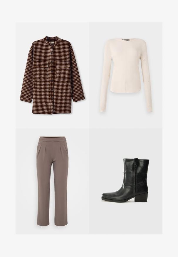 Bruine en zwarte houndstooth-gepatroneerde shirtjas met een mandarin-kraag, gesloten met knopen aan de voorkant en twee borstzakken.; Langsleeve, lichtbeige top met een ronde halslijn. Gemaakt van zachte stof, heeft een centrale naad en een iets gebogen rand. Geen zichtbare hardware.; Taupe losvallende broek met elastische tailleband en voorplooien, gemaakt van zachte stof.; Zwarte leren enkellaars met een ronde neus, blokhak, zijrits en stikselaccenten op de wreef. Gladde textuur, klassiek ontwerp.
