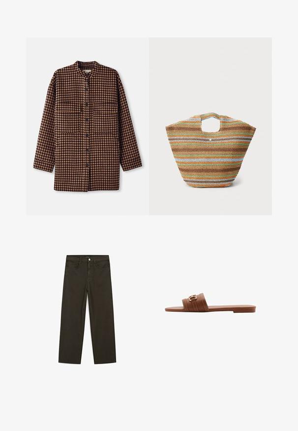 Giacca camicia in motivo houndstooth marrone e nero, con colletto alla cinese, chiusura frontale a bottoni e due tasche sul petto.; T-shirt marrone a maniche corte con colletto e polsini color crema. Presenta una grande scritta bianca che recita "Sportmanufactur adidas Herzogenaurach."; Jeans a gamba larga di colore verde scuro, realizzati in tessuto misto cotone, dotati di chiusura con bottone frontale, cinque tasche e cuciture classiche in denim.; Sandalo in pelle marrone con due cinturini larghi, caratterizzato da cuciture decorative e un'accoppiatura con fibbia in tono oro. Design con suola piatta.; Borsa a tracolla in paglia intrecciata con strisce multicolori in marrone, verde, arancione e blu. Presenta una forma piatta e due aperture per le mani. Design leggero.