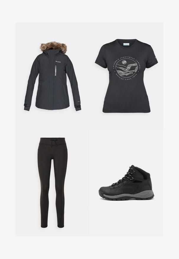 Crna vodootporna jakna s kapuljačom obloženom krznom, džepom na zatvarač na prednjoj strani, podešivim manžetama i Columbia logotipom na gornjem lijevom dijelu grudi.; Crna Columbia majica s bijelim kružnim crtežom planine i rijeke te natpisom "Columbia Sportswear Company Outside Since 1938."; Crne tajice s visokim strukom, uzicom, glatkom teksturom i uskim dizajnom. Imaju šavove duž bokova.; Crne planinarske čizme s dizajnom srednjeg vrha, sa teksturiranim gornjim dijelom, sivim akcentima i izdržljivom gumom potplatom s uzorkom za prianjanje.