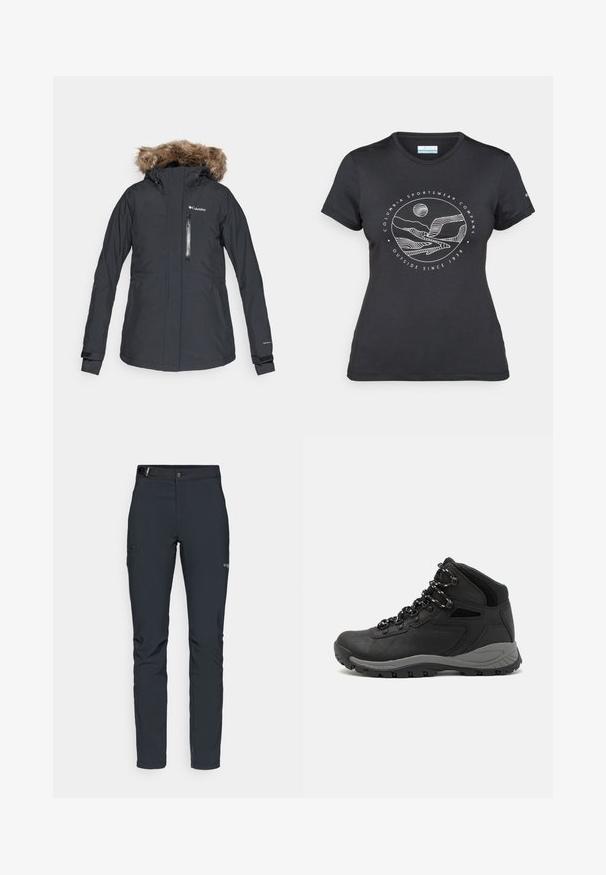 Schwarze wasserdichte Jacke mit fellgefütterter Kapuze, Reißverschluss-Fronttasche, verstellbaren Manschetten und Columbia-Logo auf der linken oberen Brust.; Schwarzes Columbia-T-Shirt mit weißer kreisförmiger Berg- und Fluss-Linienkunst und dem Text "Columbia Sportswear Company - Draußen seit 1938."; Herren Outdoor-Hosen, dunkelgrau, aus flexiblem Material, mit einem Gürtel, Reißverschlusstaschen und verstärkten Nähten.; Schwarzer Wanderstiefel mit einem mittelhohen Design, ausgestattet mit einer strukturierten Oberfläche, grauen Akzenten und einer robusten Gummisohle mit Profilstollen.