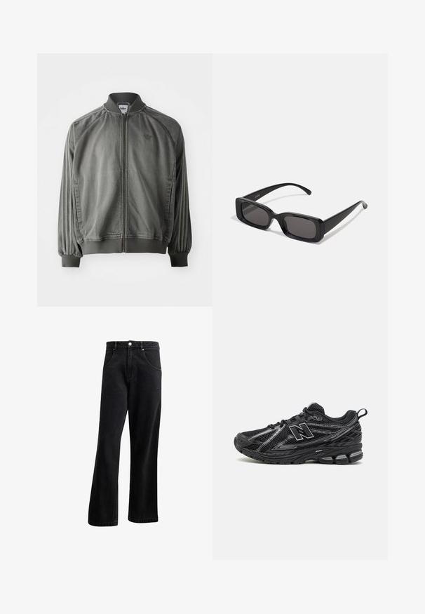 Sivý športový sako s rebrovaným golierom a manžetami, plným zipsom, bočnými pruhmi a malým logom na hrudi. Mäkká textúra.; Biela bavlnená tričko s okrúhlym výstrihom, krátkymi rukávmi a voľným strihom. Má jednoduchý dizajn bez vzorov alebo akcentov.; Čierne džínsy z denimu so strihom rovná noha, s prednými vreckami, gombíkovým zapínaním a jemnou textúrou. Obsahujú nenápadný detail loga.; Čierne športové topánky s látkovým zvrškom, výrazným logom, textúrovanou podrážkou a odpružovacími vlastnosťami. Navrhnuté na podporu a priedušnosť.; Čierne obdĺžnikové slnečné okuliare s tmavými šošovkami, lesklým povrchom, širokými ramenami a robustným rámovým dizajnom. Vygravírované meno značky na jednom ramene.; Čierna messenger taška vyrobená z odolného materiálu, s klapkou na zatváranie, nastaviteľným ramenným popruhom a predným logom.