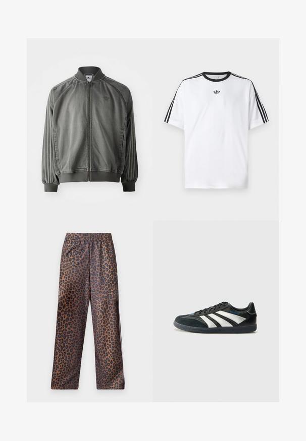 Veste de sport grise avec col et poignets côtelés, fermeture éclair sur toute la longueur, rayures sur les côtés, et un petit logo sur la poitrine. Texture douce.; T-shirt blanc en coton, doté d'un col rond noir et de trois rayures noires sur chaque épaule. Petit logo noir sur la poitrine.; Pantalons en imprimé léopard avec une taille élastique. Fabriqués en tissu brillant, avec une base marron ornée de taches noires et un design à coupe ample.; adidas Performance PREDATOR FREESTYLE JUDE INDOOR FOOTBALL SHOES - Chaussures de football en salle - core black/silver-coloured/glory blue