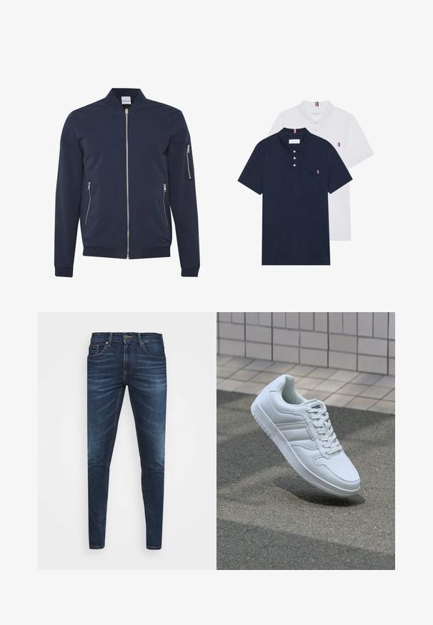 Marine bomberjack met een ritssluiting aan de voorkant, twee zijzakken met rits en een zak met rits op de linkermouw; gemaakt van een glad, lichtgewicht materiaal.; Twee polo shirts: één marineblauw en één wit, beide met een kleine rood, wit en blauwe accent op de borstzak en kraag.; Donkerblauwe denim jeans met een slim fit, subtiele vervaging, vijf zakken en een metalen knoopsluiting. Gestikte accenten in contrasterende kleur.; Witte sportsneaker met een glad leren bovenwerk, vetersluiting aan de voorkant, geperforeerde neus en een geprofileerde zool. Minimalistisch ontwerp met drie zijstrepen.