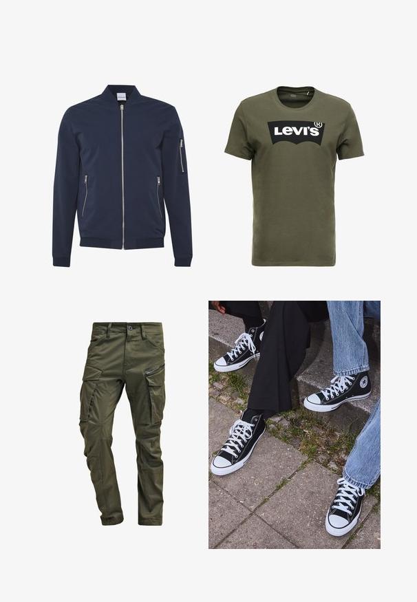 Giubbotto bomber navy con chiusura frontale a zip, due tasche laterali con zip e una tasca con zip sulla manica sinistra; realizzato in un materiale liscio e leggero.; T-shirt di cotone verde oliva con un grande logo nero di Levi's sul davanti. Collo girocollo classico e maniche corte, consistenza liscia.; Pantaloni cargo verde oliva realizzati in cotone robusto. Presentano numerose tasche, una tasca laterale con zip e gambe affusolate con una finitura leggermente strutturata.; Sneakers alti neri in tela con suole e lacci bianchi, dotati di un logo circolare di lato e abbinati a pantaloni in denim e neri.
