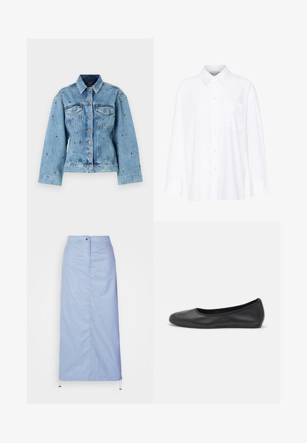 Svetlomodrá džínová bunda s golierom, zapínaním na gombíky a dvoma vreckami na hrudi; obsahuje kovové tiky po celom povrchu.; Biela košeľa s dlhým rukávom a golierom vyrobená z bavlny. Má zapínanie na gombíky vpredu a jednu náprsníku vrecko. Hladká textúra, voľný strih.; Svetlomodrá, sukňa strednej dĺžky vyrobená z hladkého, ľahkého materiálu so širším strihom, s predným zapínaním na gombíky a šnúrkovým lemom.; Čierne kožené baleríny s okrúhlou špičkou, hladkým povrchom, minimálnym prešívaním a flexibilným dizajnom podrážky.