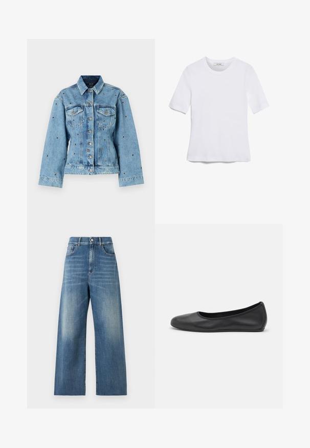 Vaaleansininen farkkutakki, jossa on kauluksellinen kaula-aukko, nappikiinnitys ja kaksi rintataskua; koristeltu metallisilla niiteillä ympäriinsä.; Valkoinen lyhythihainen t-paita, joka on valmistettu ribbytedusta kankaasta. Pyöreä pääntiie, normaali istuvuus ja hienovaraiset ompeluyksityiskohdat. Ei kuvioita tai grafiikkaa.; Korkeavyötäröiset, leveälahkeiset farkut sinisestä denimistä, jossa on kulutettu pinta. Ominaisuuksiin kuuluvat etutaskut ja yksittäinen napin sulku.; Musta nahkainen ballerina, jossa on pyöristetty kärki, sileä pinta, minimaalinen ommelkoristelu ja joustava pohjamuotoilu.