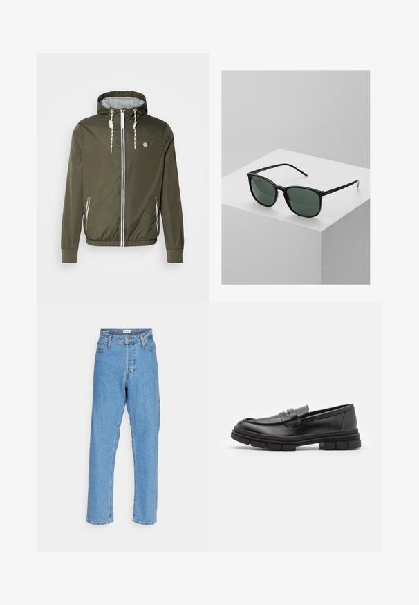 Olive zelena jakna s kapuco na zadrgo, bele vrvice, stranski žepi, rebrasti manšeti in logo na levem prsnem delu. Gladek, lahek material.; Črn pulover s turtleneck ovratnikom, izdelan iz mehkega pletenega materiala. Ima dolge rokave, rebrast ovratnik in rob. Preprost, eleganten dizajn brez vzorcev.; Svijetloplave traperice visokog struka sa ravnim nogavicama, prednjim dugmetom, zatvaranjem na patentni zatvarač, petljama za remen i dizajnom s pet džepova na bijeloj pozadini.; Črne usnjene loafersice z gladkim zaključkom, ki imajo sprednji trak in debel gumijast podplat z utori.; Črne pravokotne sončne očala s temno zelenimi lečami, ki imajo lahko plastičen okvir in srebrne detajle na hramih.; Kovinski kvarčni ura s črnim številčnicam, belimi številkami in prikazom datuma. Ima jekleno zapestnico in vodoodpornost do 100 m.