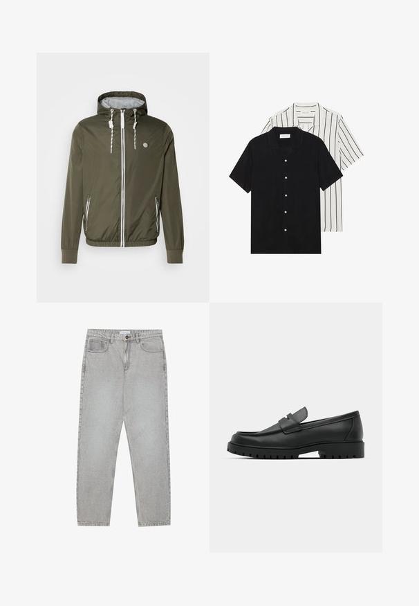 Maslinasto zelena jakna sa rajsferšlusom i kapuljačom, bijelim vezicama, bočnim džepovima, rebrastim manžetama i logotipom na lijevoj strani prsnog koša. Glatka, lagana tkanina.; Dva kratka rukava košulje: jedna potpuno crna, a druga bijela s crnim okomitim prugama. Obje imaju dugmad i klasični ovratnik.; Svijetlosivi traper hlače s ravnim nogavicama, stilom s pet džepova i kopčanjem na gumb. Vidljivo šivenje duž šavova.; Crne kožne mokasine s zaobljenim vrhom, s ušivenim dizajnom, niskom platformom i teksturiranim, gumenim potplatom s izbočinama.