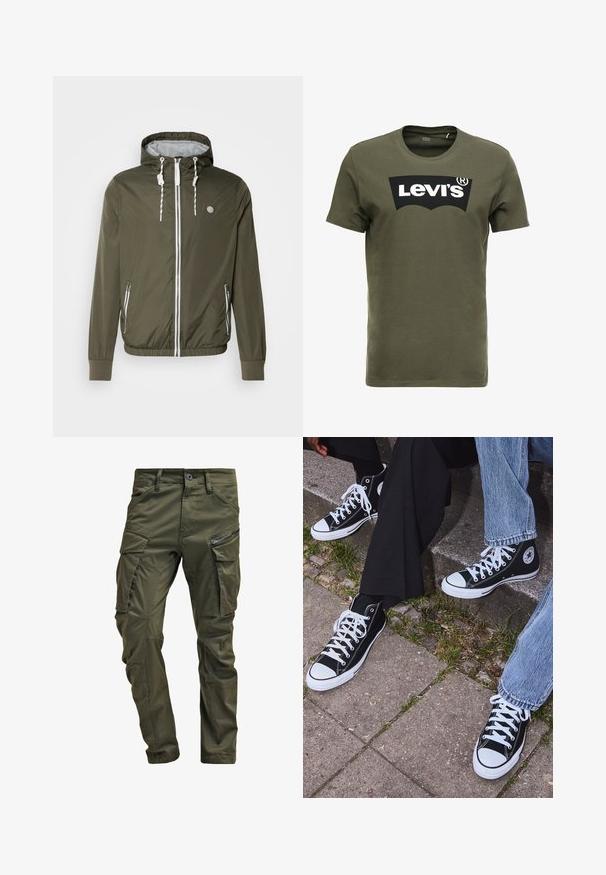 Olivgrüne Zip-Jacke mit Kapuze, weißen Kordeln, Seitentaschen, gerippten Bündchen und einem Logo auf der linken Brust. Glattes, leichtes Material.; Olivegrünes Baumwoll-T-Shirt mit einem großen schwarzen Levi's-Logo auf der Vorderseite. Klassischer Rundhalsausschnitt und kurze Ärmel, glatte Textur.; Olivgrüne Cargo-Hosen aus strapazierfähiger Baumwolle. Sie verfügen über mehrere Taschen, eine mit Reißverschluss versehene Seitentasche und ein tapered Bein mit einer leicht strukturierten Oberflächenbeschaffenheit.; Schwarzecanvas-Sneaker mit hohem Schaft, weißen Gummisohlen und Schnürsenkeln, die ein rundes Logo an der Seite besitzen und mit Denim- sowie schwarzen Hosen kombiniert sind.