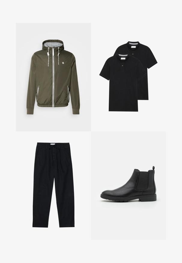 Olivgrüne Zip-Jacke mit Kapuze, weißen Kordeln, Seitentaschen, gerippten Bündchen und einem Logo auf der linken Brust. Glattes, leichtes Material.; Zwei schwarze Polohemden, kurzärmlig, aus Baumwolle, mit einem klassischen Kragen, zwei Knöpfen und weißen Streifenakzenten im Inneren des Kragens.; Pier One Chino - black; Schwarze Leder Chelsea-Stiefel mit elastischen Seiteneinsätzen und einer Ziehschlaufe, runder Zehenform und strukturiertem Gummisohle.