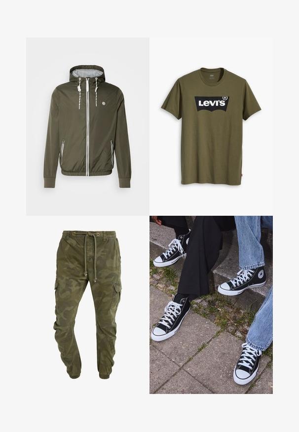 Olijfgroene ritssluitende jas met een capuchon, witte trekkoorden, zijzakken, geribde manchetten en een logo op de linkerborst. Gladde, lichtgewicht stof.; Olijfgroen katoenen T-shirt met een groot zwart Levi's-logo in een contrasterende semi-gebogen vorm over de borst. Regular fit.; Groene cargobroek met camouflagemotief, voorzien van een trekkoord in de taille, elastische boorden en zijzakken. Gemaakt van duurzaam materiaal.; Zwarte canvas sneakers met hoge schacht, witte rubberen zolen en veters, met een cirkelvormig logo aan de zijkant, gecombineerd met denim en zwarte broeken.