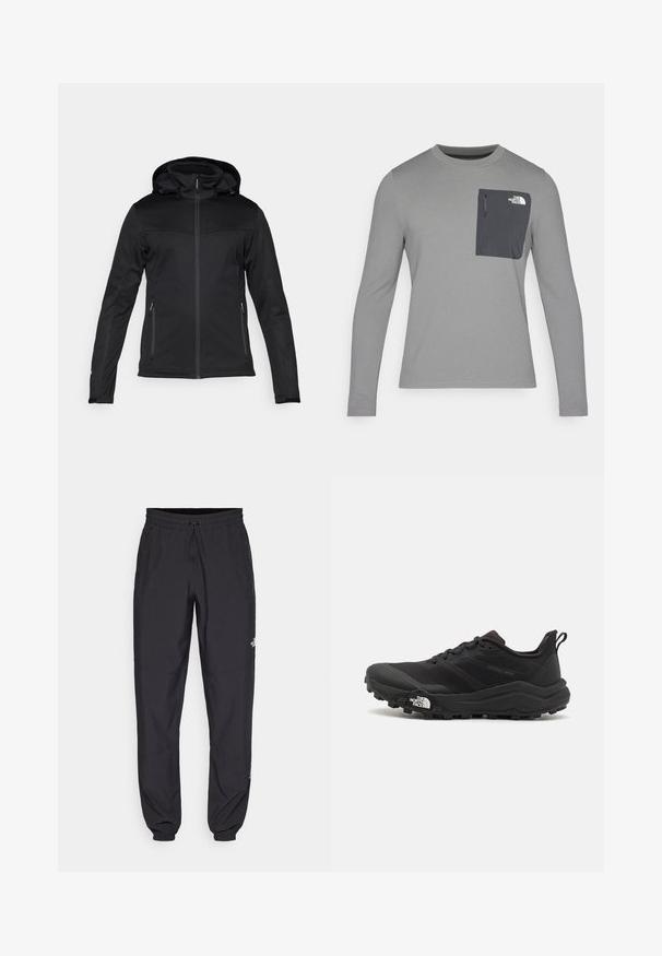 Melnā kapucēta jaka, izgatavota no mīksta materiāla, ar priekšējo rāvējslēdzēju, divām sānu kabatām un teksturētu augšējo paneļa dizainu.; Garais krekls ar garām piedurknēm un teksturētu audumu, ar tumši pelēku krūšu kabatu un rāvējslēdzēju. Uz kabatas ir balts logo.; Melni sporta bikses, kas izgatavotas no viegla auduma, ar savelcamu jostu, sānu kabatām un sašaurinātiem apakšējiem galiem pie potītēm.; Melnas taku skriešanas kurpes ar teksturētu virsu, gumijas zoli un pastiprinātu pirkstu daļu. Aprīkotas ar mīkstu apkakli un vilkšanas cilpu, lai viegli uzvilktu.