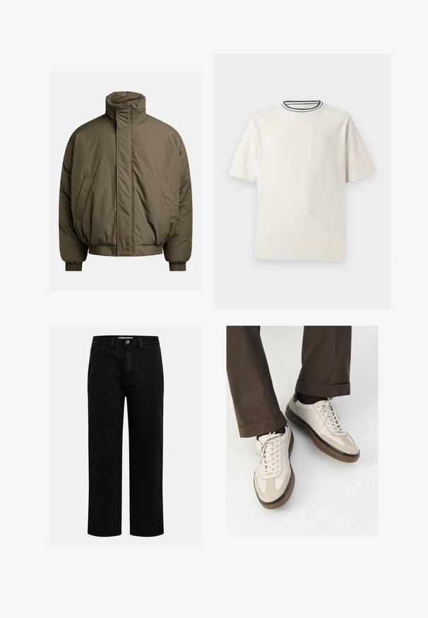 Olívazöld, párnázott dzseki, magas gallérral, elasztikus mandzsettákkal és oldalsó zsebekkel. Simás textúrájú, laza, dobozszerű fazon.; Krémszínű pamut póló rövid ujjakkal, kerek nyakkivágással, melyet tengerészkék és fehér csíkok díszítenek. Sima textúrájú, laza szabású.; Fekete farmernadrág egyenes szabással, klasszikus öt zsebes kialakítással és gombos derékkal. Simább textúra és tartós anyag.; Beige sportcipők, texturált velúr elülső résszel, sima bőr oldalakkal és barna gumitalppal. Fűzők és világos varrási részletek is megtalálhatók.