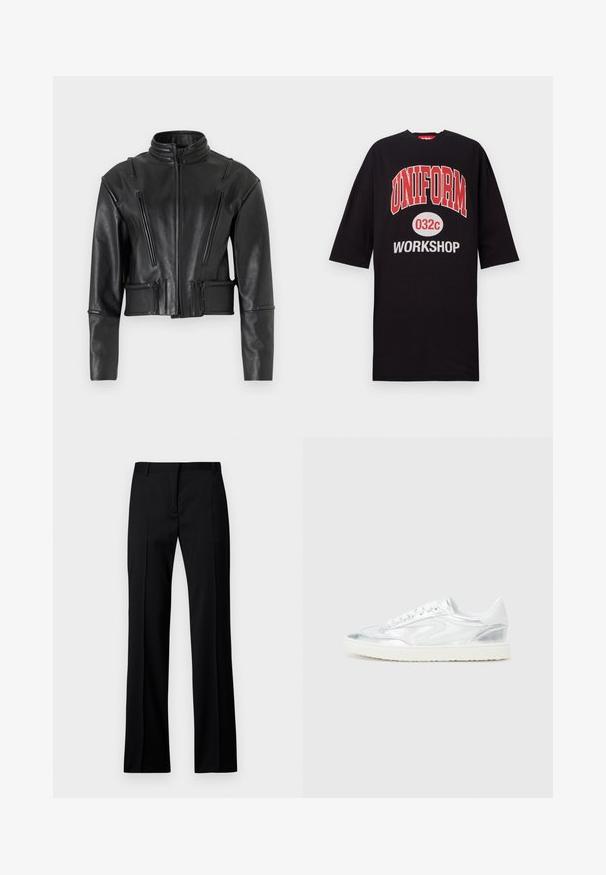 032c HIPPOLYTA GUARDED BIKER JACKET - Ādas jaka - black; Melna oversized t-krekls, izgatavots no kokvilnas, ar izteiksmīgiem sarkaniem un baltajiem uzrakstiem: "UNIFORM 032c WORKSHOP" priekšpusē. Apaļš kakla izgriezums, īsas piedurknes.; Melni taisni bikses gludā audumā, ar plakanu priekšpusi, jostas cilpām un bez redzamām kabatām vai rotājumiem.; Bāli balti sporta apavi ar metālisku sudraba akcentu, gluda tekstūra, apaļš purngalis, plakana zole un tradicionāls saistīšanas dizains.