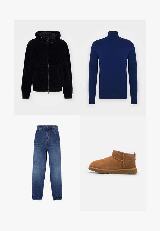 Emporio Armani BLOUSON - Suvejakk - blue navy; Tumsinine kõrge kaelusega svetsar, mis on valmistatud sileda kudumisega kangast. Pikkade varrukatega ja keha lähedaselt liibuva disainiga, ribaga aktsentidega kaeluse ja servade juures.; Tumedast sinisest denimist teksad. Kõrge vöökoht ja mugav lõige. Omab eesmine taskut ja kerget tuhmumist jalgadel.; Kerged suede pahklipüne, ümarate varvastega, delikaatsed õmblustead ja tekstureeritud kummist tald. Lühike kõrgus ilma paeltega.