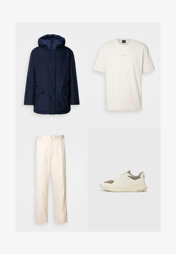 Sötétkék, szigetelt parkán, levehető kapucnival, patentos zárral és két elülső zsebbel, sima textúrával és letisztult vonalakkal.; BOSS TEE - Basic póló - open white; Beige pamut nadrág egyenes szárú kivágással, gombos záródással és elülső redőkkel a részletek fokozása érdekében.; Fehér és világos bézs sportcipő, légies hálós felsőrésszel, perforált részletekkel és texturált középtalppal, amelyen a saroknál a márka logója található.
