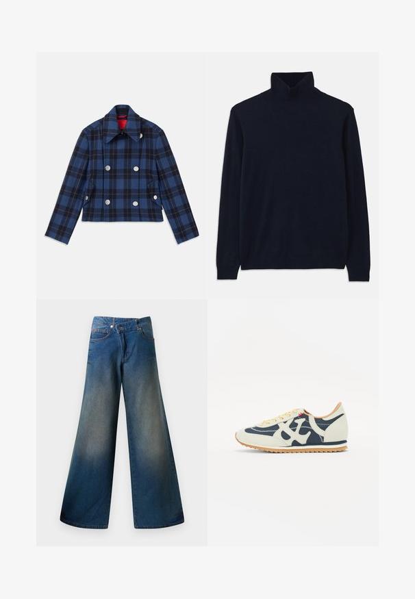 Tums zilas krāsas pārklājošs žakets ar saīsinātu dizainu, dubultiem aizpogājamiem priekšējiem, lieliem sudraba pogām un smailu apkakli. Teksturēta auduma.; Navy ražas džemperis ar garām piedurknēm, izgatavots no mīkstas adīšanas auduma. Ar ribotām apkaklēm un aprocēm, ar vienkāršu dizainu un bez rakstiem.; Platas kājas zili džinsi, izgatavoti no denima, ar nedaudz izbalējušu apdari, redzamām šuvēm, divām priekšējām kabatām un pogu aizdari.; Sporta apavi ar krēma, jūras zila un zamša materiālu kombināciju, saites dizainu, diagonālām šuvēm un gumijas zoli ar saķeri.