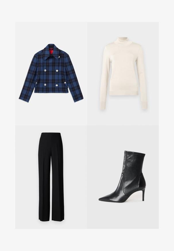 Navy blue plaid jacket with a cropped design, double-breasted front, large silver buttons, and a pointed collar. Textured fabric.; Cream-colored turtleneck sweater made of soft knit fabric, featuring long sleeves and ribbed accents at the neck and cuffs.; Black wide-leg trousers with a smooth texture, featuring a high waistband and center pleats. No visible patterns or hardware details.; Black ankle boots made of smooth leather, featuring a pointed toe, fitted shaft, and a slim high heel. Minimalist design with no visible hardware.
