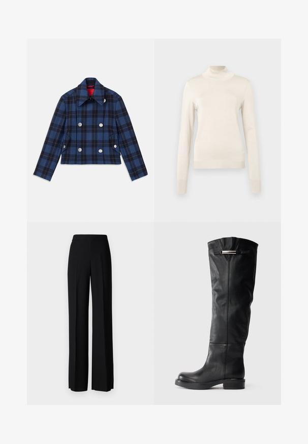 Marinblå rutiga jacka med en kortad design, dubbelknäppt fram, stora silverknappar och spetsad krage. Texturerad tyg.; Krämsfärgad polotröja i mjukt stickat tyg, med långa ärmar och ribbade detaljer vid halsen och ärmsluten.; Svarta vida byxor med en slät textur, med hög midja och centrala veck. Inga synliga mönster eller hårdvarudetaljer.; Knähöga svarta läderstövlar med en slät textur, rund tå och låg blockklack. Har en silverdetalj på den övre sidan.