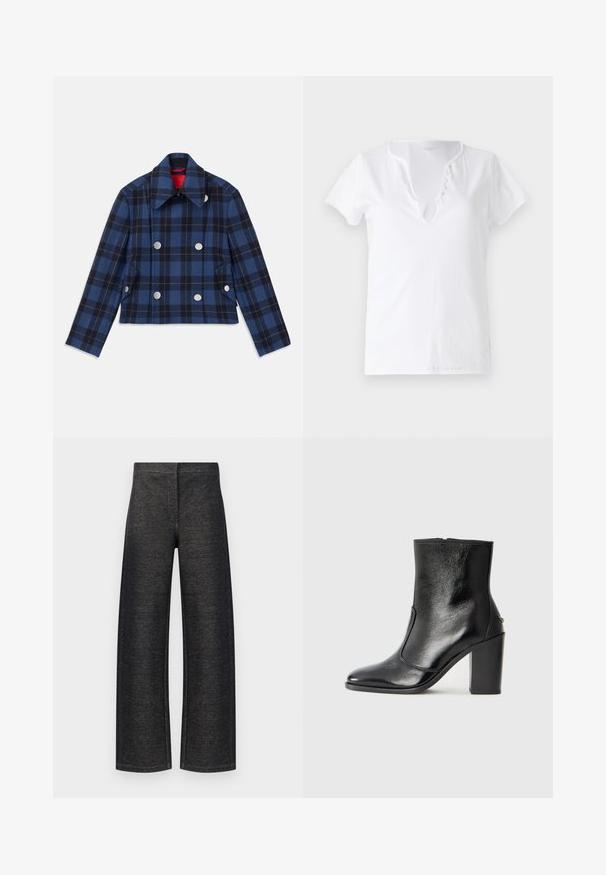Sötétkék kockás zakó, cropped fazonnal, dupla gombolású elülső résszel, nagy ezüstgombokkal és hegyes gallérral. Texturált anyag.; Fehér pamut póló rövid ujjakkal, laza szabással és V-nyakkivágással, öt díszgombbal ellátott gombolással.; Fekete denimből készült bővülő nadrág. Használható egyedi textúrával, tiszta derékpánttal, látható fémpántok vagy zsebek nélkül.; Fekete bőr bokacipő sima textúrával, hegyes orral és vastag, magas sarkával. Oldalnyílással és minimalista dizájnnal rendelkezik.