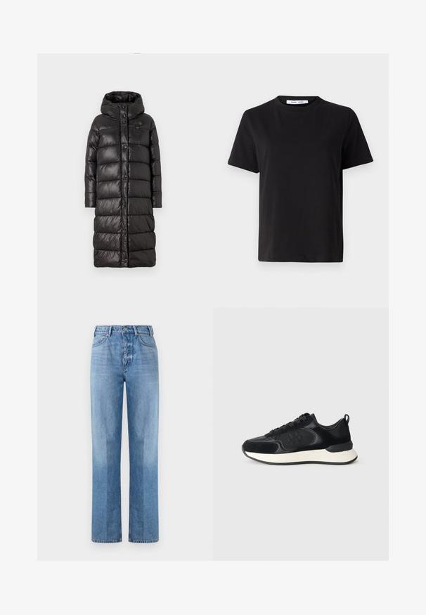 Blauer MARTHA - Casaco de inverno - nero; T-shirt preto de manga curta feito de algodão suave, com decote redondo, ajuste descontraído e uma textura suave. Sem padrões ou gráficos visíveis.; Jeans de denim azul claro com um design de perna reta, apresentando uma cintura alta, cinco bolsos e costura visível. A textura é suave e clássica.; Sapatilha desportiva preta com parte superior em couro liso, detalhes em camurça, biqueira redonda e entressola branca em contraste. Apresenta fecho com atacadores e detalhe do logo.