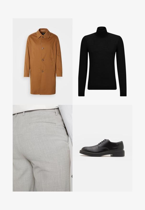 Rjav plašč s kragnjo, dvema stranskima žepoma in tremi sprednjimi gumbi. Narejen iz gladkega blaga, z ravnim krojem.; Črna turtleneck pulover iz mehkega materiala, z dolgimi rokavi in tesnim prileganjem. R ibana obroba na robu in rokavih. Preprosta zasnova.; Svetlo sive hlače po meri iz teksturirane tkanine, z enim zadnjim žepom in čistim šivom.; Črne usnjene čipkaste čevlje z zaobljenim nosom, gladko teksturo, minimalnim šitjem in nizkim gumijastim peto. Logo na peti.