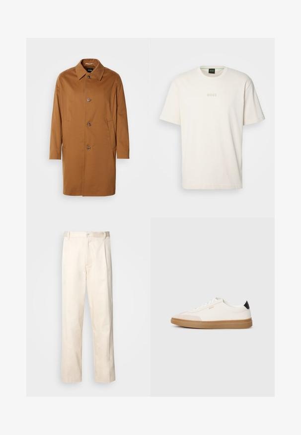 Brūns tranšejas mētelis ar apkakli, divām sānu kabatām un trim priekšējām pogām. Izgatavots no gludas auduma, ar taisnas griezuma dizainu.; BOSS TEE - Pamata T-krekls - open white; Bežā krāsā auduma bikses ar taisnu kāju griezumu, pievienotām pogu aizdares un priekšējiem krokām papildu detaļām.; Baltas apavi ar bežiem akcentiem, gluda ādas virsma, noapaļota purngala forma un gumijas zole, ar melnu papēža cilpu un diskrētu zīmolu.