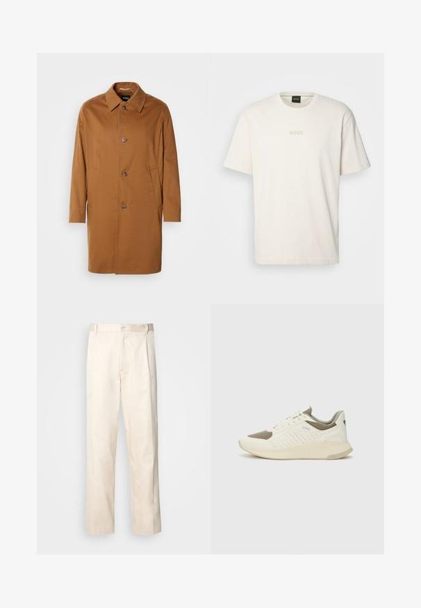 Brūns tranšejas mētelis ar apkakli, divām sānu kabatām un trim priekšējām pogām. Izgatavots no gludas auduma, ar taisnas griezuma dizainu.; BOSS TEE - Pamata T-krekls - open white; Bežā krāsā auduma bikses ar taisnu kāju griezumu, pievienotām pogu aizdares un priekšējiem krokām papildu detaļām.; Baltas un gaiši bež sporta apavi, ar sieta augšdaļu, perforētiem detaļām un teksturētu vidusdaļu ar zīmolu uz papēža.