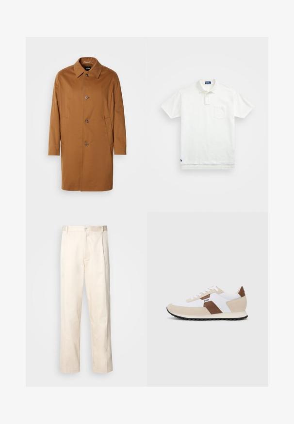 Καφέ παλτό με γιακά, δύο πλαϊνές τσέπες και τρία κουμπιά μπροστά. Φτιαγμένο από λείο ύφασμα, με ευθεία κόψη.; Λευκή πόλο μπλούζα από βαμβάκι, με κλασικό γιακά, τριπλή κουμπιέρα και τσέπη στο αριστερό στήθος; μικρό λογότυπο στο μανίκι.; Μπεζ βαμβακερό παντελόνι με ίσια γραμμή, διαθέτει κουμπί κλεισίματος και πτυχές στο μπροστινό μέρος για επιπλέον λεπτομέρεια.; Αθλητικά παπούτσια με συνδυασμό λευκού διχτυωτού υφάσματος και μπεζ σουέτ, με καφέ δερμάτινη λεπτομέρεια. Στρογγυλή μύτη, επίπεδη ελαστική σόλα και σχέδιο με κορδόνια.
