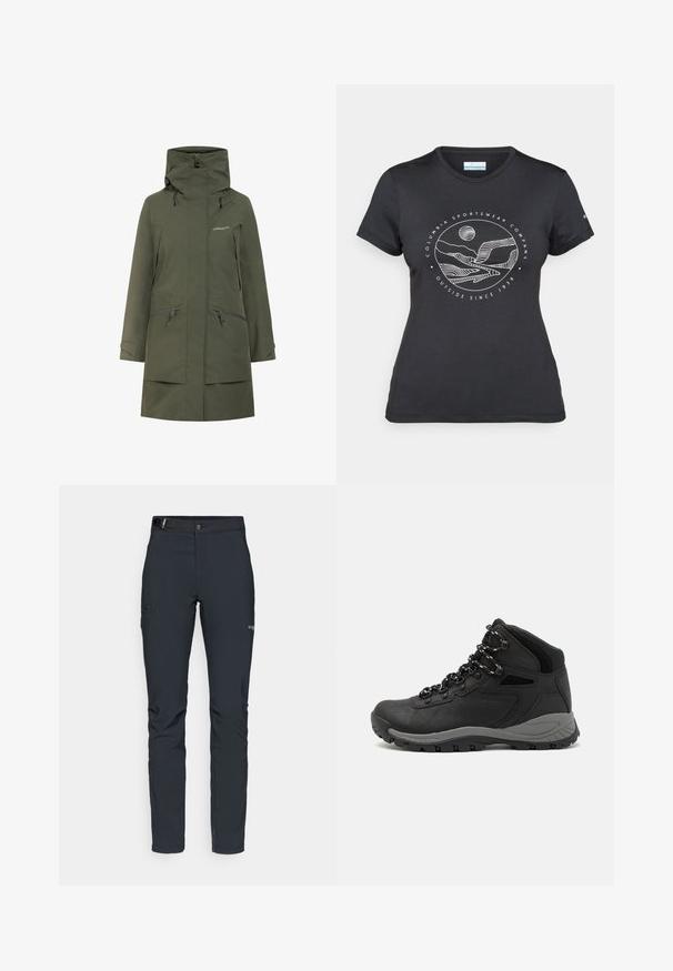 Parka impermeável verde com gola alta, capuz ajustável e dois bolsos frontais com fecho de correr. Apresenta um design minimalista e textura suave.; T-shirt preto da Columbia com arte em linha branca circular representando montanhas e rios, e o texto "Columbia Sportswear Company Outside Since 1938."; Calças de exterior para homens, cinza escuro, feitas de material flexível, com cinto, bolsos com fecho éclair e costuras reforçadas.; Bota de caminhada preta com design de cano médio, apresentando um upper texturizado, detalhes cinzentos e sola de borracha durável com cravos de tração.