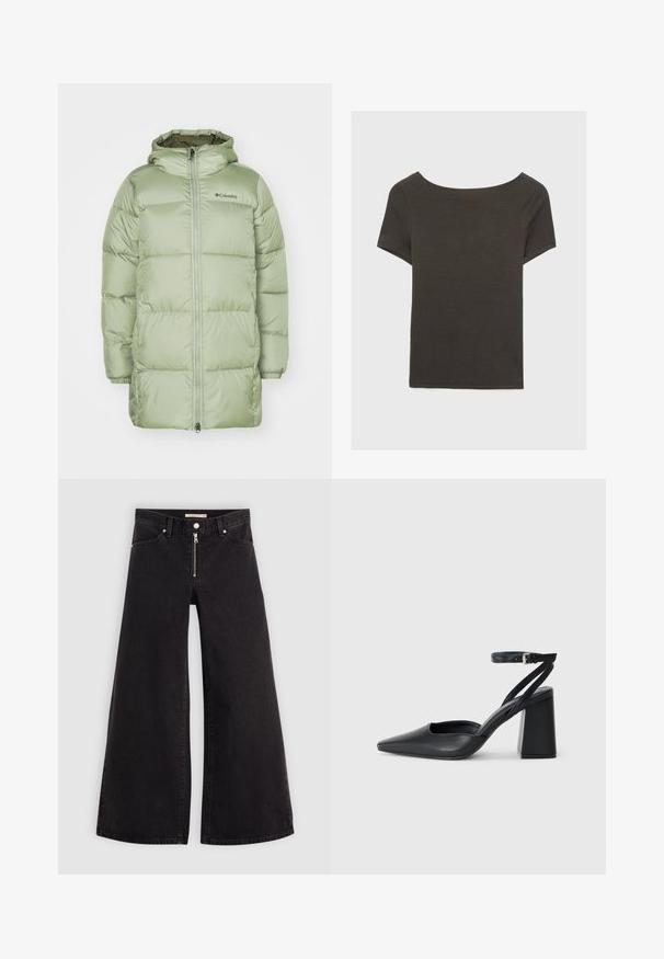 Grøn pufferjakke med hætte, quiltet design, frontlynlås, elastiske manchetter og logo-detail. Glat, let shiny stofstruktur.; Mørkegrå kortærmet top med bådudskæring. Lavet af ribbet stof, med en afslappet pasform og en ren kant. Enkelt design, ingen mønstre.; Vide ben jeans i sort denim med lynlås foran, fem lomme-design og subtile stikninger. Glat tekstur og afslappet stil.; Sort læder spidse pumps med ankelrem og en chunky hæl. Flad tekstur, slankt design og minimalistisk æstetik.