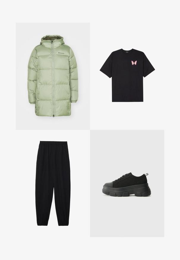 Zaļš pūkains mētelis ar kapuci, kviltota dizaina, ar priekšējo rāvējslēdzēju, elastīgām piedurknēm un logotipa detaļu. Gluda, nedaudz spīdīga auduma tekstūra.; Melna kokvilnas T-krekls ar īsām piedurknēm, kuram priekšā kreisajā pusē ir neliels rozā tauriņa grafiskais attēls. Ar apaļu kaklu un brīvā stila piegriezumu.; Melnas, vieglas bikses ar elastīgu jostu un savilktiem potītiem. Audums ir gluds un to raksturo brīva, sašaurināta forma.; Melnas kedas ar masīvu gumijas zoli, teksturētu auduma augšdaļu, apaļu purngalu un saistīšanas dizainu. Iekļautas pastiprinātas acs atveres un aizmugurējais cilpiņas siksniņa.