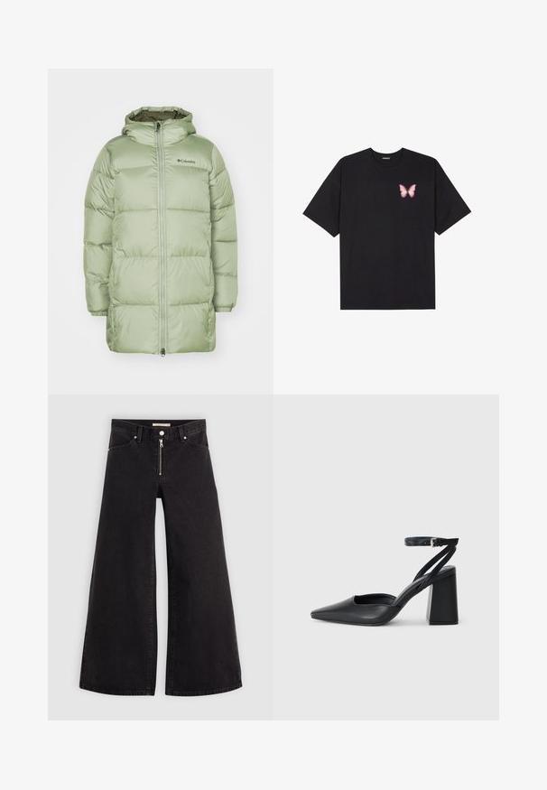 Zelená péřová bunda s kapucí, prošívaný design, přední zip, elastické manžety a detail s logem. Hladká, jemně lesklá textilie.; Čierne bavlnené tričko s krátkymi rukávmi, s malým ružovým motýlikom na ľavej hrudi. Design s okrúhlym výstrihom a uvoľneným strihom.; Dlhé nohavice vo voľnom strihu z čierneho denimu so zipsom vpredu, päť vrecúškovým dizajnom a jemnými stehovými detailmi. Hladká textúra a neformálny štýl.; Čierne kožené lodičky s špicatou špičkou a členkovým remienkom, s masívnym podpätkom. Hladký povrch, elegantný dizajn a minimalistická estetika.