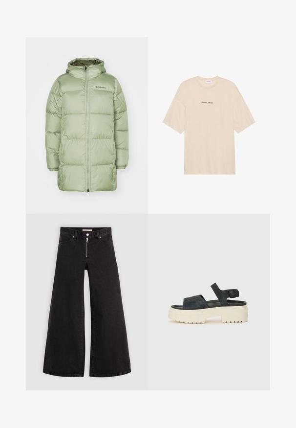 Roheline puffjakk kapuutsiga, tikitud disainiga, esine tõmblukk, elastsed mansetid ja logodetail. Sile, kergelt läikiv kangas.; Beige puuvillane t-särk, millel on mugav lõige, lühikesed varrukad ja ümar kaelus. Ees on musta värviga trükitud tekst "Positive Sincere".; Laiad teksad mustast denimist, millel on lukuga eesmine osa, viie taskuga disain ja peened õmblusdetailid. Sile tekstuur ja juhuslik stiil.; Mustad musta sametist platvormsandaalid, millel on paks valge tald, lai esirihm ja reguleeritav pahkluu nööpe. Tekstureeritud tallad haardevad.
