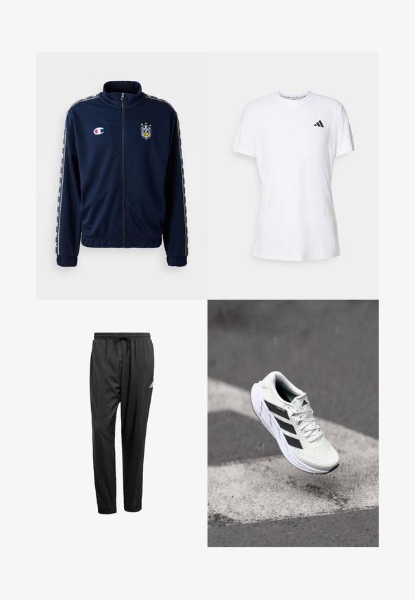 Jaqueta azul-marinho com fecho de zip, feita de tecido macio, apresentando um colarinho alto, punhos elásticos e emblemas com logótipos no peito e nas mangas, com detalhes coloridos.; T-shirt de algodão branco com mangas curtas, apresentando um acabamento texturizado e um logo preto de três riscas no lado esquerdo do peito. Decote redondo.; Calças de desporto pretas com cintura elástica, cordão, tornozelos com punho e um pequeno logótipo branco na coxa direita.; Shoe atlético branco com parte superior em malha texturizada, riscas pretas, fecho de atacadores e sola almofadada, a flutuar acima de uma superfície de estrada marcada.
