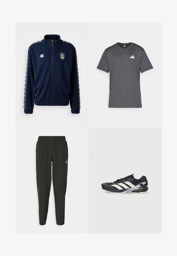 Jaqueta azul-marinho com fecho de zip, feita de tecido macio, apresentando um colarinho alto, punhos elásticos e emblemas com logótipos no peito e nas mangas, com detalhes coloridos.; T-shirt atlético cinza-escuro feito de tecido respirável, com mangas curtas e um detalhe de logótipo branco no lado esquerdo do peito. Superfície texturizada.; Calças de atletismo pretas com cintura elástica, corte justo e logotipo branco na perna esquerda. Tecido liso e leve.; Sapata atlética preta com riscas brancas, parte superior em malha, biqueira arredondada e sola acolchoada. Apresenta um calcanhar texturizado e um sistema de atacadores seguro.