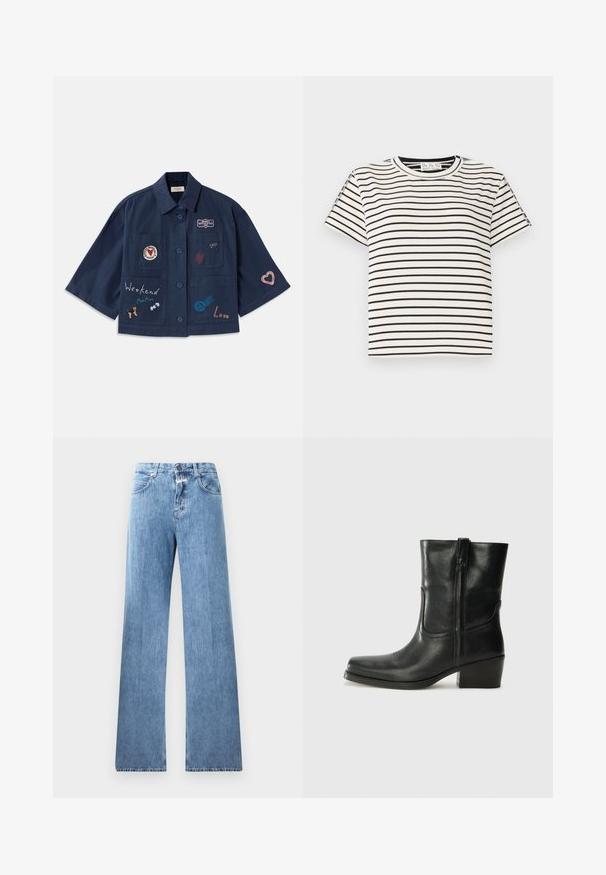 Mornarsko plava košulja s kratkim rukavima i zatvaranjem na dugmad, koja sadrži različite izvezene applique, uključujući srca i tekst. Sadrži džepove na prsima i sa strane.; Pamučna majica kratkih rukava s okruglim izrezom, s crnim vertikalnim prugama na bijeloj podlozi i ravnim krojem.; Svijetloplave traperice širokog kroja, s pet džepova, petljama za remen i kopčanjem na gumb. Tkanina ima glatku teksturu.; Crne kožne čizme do članaka s okruglim vrhom, blok potpeticom, bočnim patentnim zatvaračem i detaljima od šavova na gornjem dijelu. Glatka tekstura, klasičan dizajn.