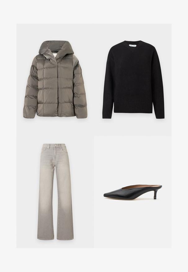 Grijze gewatteerde pufferjack met grote capuchon en drukknopen aan de voorkant, weergegeven tegen een effen witte achtergrond.; Zwarte v-hals trui van een zachte wolmix, met lange mouwen en geribbelde manchetten en onderrand. Eenvoudig, klassiek ontwerp zonder patronen of accenten.; Grijze wijde jeans met een vervaagde afwerking, knoopsluiting, vijfzakkenontwerp en gestikte details langs de naden.; Zwarte leren muiltjes met een puntige neus en een lage, blokhak. Glad oppervlak met een gestroomlijnd ontwerp. Open achterkant met minimale details.