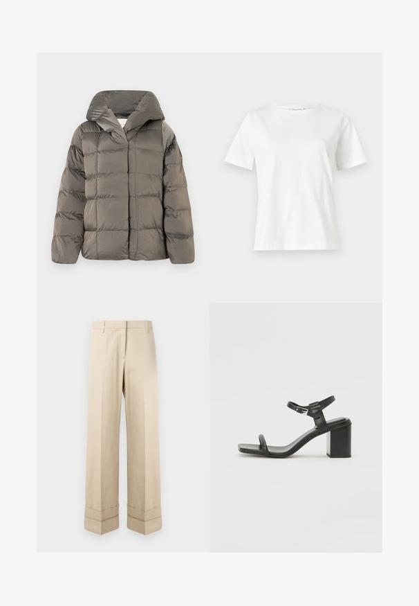 Grå quilted pufferjakke med stor hætte og frontlukning med trykknapper, præsenteret mod en simpel hvid baggrund.; Hvid bomulds t-shirt med korte ærmer, rund halsudskæring og en afslappet pasform. Glat tekstur, ingen mønstre eller accenter, minimalistisk design.; Beige bukser med lige pasform, der har en dobbelt manchet i kanten og en flad frontdesign. Lavet af glat, slidstærkt stof.; Sorte lædersandaler med blokhæle, brede stropper over tåen og justerbar ankelrem, der har et slankt, minimalistisk design.