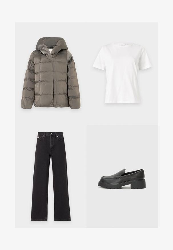 Grå quilted pufferjakke med stor hætte og frontlukning med trykknapper, præsenteret mod en simpel hvid baggrund.; Hvid bomulds t-shirt med korte ærmer, rund halsudskæring og en afslappet pasform. Glat tekstur, ingen mønstre eller accenter, minimalistisk design.; Sorte vidde jeans lavet af denim, med høj talje, fem-lomme stil og en metalknap lukning med kontrasterende syninger.; Sorte læder loafers med rund tå, tyk tekstureret sål og minimale syninger. Elegant design uden synlige snørebånd eller hardware.