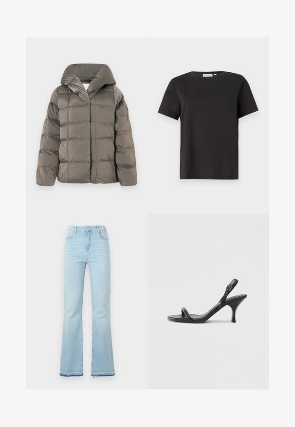 Gray quilted puffer jacket with large hood and front snap closure, displayed against a plain white background.; Black cotton t-shirt with short sleeves, a crew neckline, and a simple, clean design. No visible patterns or embellishments.; Light blue flared jeans made of denim, featuring a high waist, front pockets, and a raw hem at the cuffs for a casual look.; Black leather high-heeled sandals with a slim, curved heel and a crossed strap design. Adjustable ankle strap. Smooth texture.