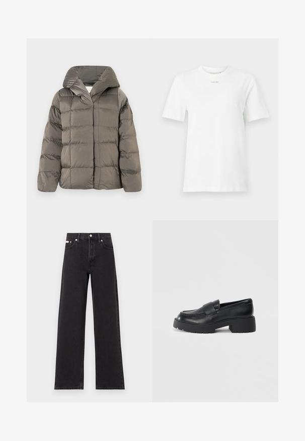 Šedá prošívaná péřová bunda s velkou kapucí a zapínáním na patentky, vystavená na jednobarevném bílém pozadí.; Bílý bavlněný tričko má kulatý výstřih, krátké rukávy a malé černé logo "Calvin Klein" na hrudi. Jednoduchý design, bez vzorů.; Černé široké jeansy vyrobené z denimu, s vysokým pasem, pěti kapsami a kovovým zapínáním s kontrastním prošíváním.; Černé kožené mokasíny s texturovaným povrchem, které mají obdélníkový pásek přes nárt a robustní podrážku s drážkováním.