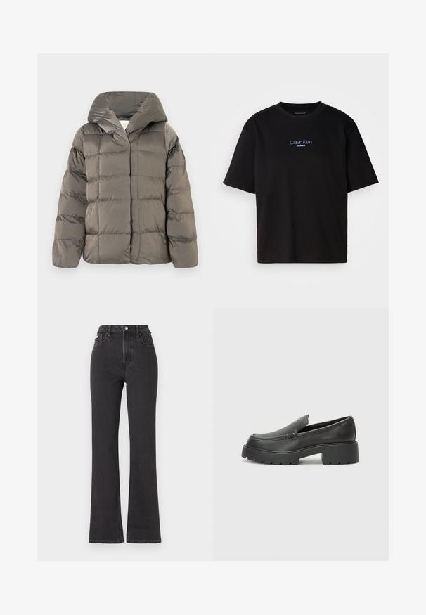 Grå kviltad puffjacka med stor huva och frontknäppning, uppställd mot en enkel vit bakgrund.; Svart bomulls T-shirt med rund nacke, korta ärmar och blå broderad "Calvin Klein JEANS" logotyp på framsidan.; Svarta högmidjade utsvängda jeans i denim, med knappknäppning, bältesöglor och sidofickor. Slät textur med minimal urtvättning.; Svarta läderloafers med rund tå, tjockt strukturerat såle och minimala sömnadsdetaljer. Snygg design utan synliga snören eller beslag.