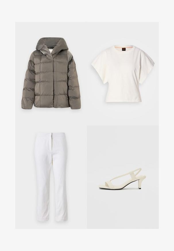 Szürke steppelt pufi dzseki nagy kapucnival és elülső patentos záródással, egy sima fehér háttér előtt.; Fehér, rövid, bő ujjú, crop szabású póló, puha pamut anyagból, kerek nyakkivágással, finom narancssárga díszítéssel, minimalista dizájn, minta vagy grafika nélkül.; Fehér pamut nadrág egyenes lábformával, közepes derékkal, látható fémrészek vagy minták nélkül. Sima textúra az egész anyagon.; Beige színű, blokksarkú szandálok vékony pántokkal és négyzet alakú orral. Simább anyag, minimális részletezéssel, amely könnyű viselésre lett tervezve.