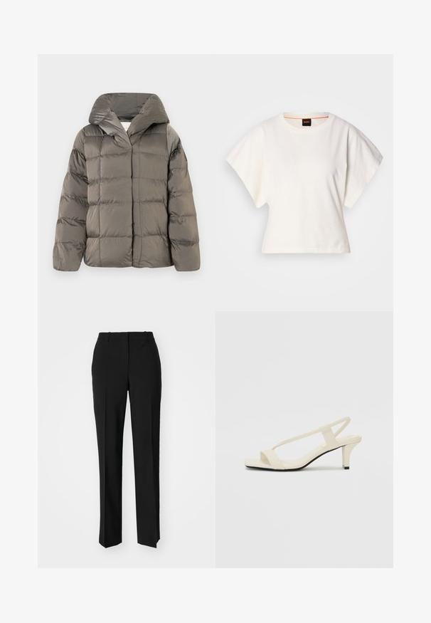Veste de doudoune grise matelassée avec grande capuche et fermeture à pression à l'avant, présentée sur un fond blanc uni.; T-shirt blanc cintré, manches courtes et larges, en coton doux, décolleté rond avec une discrète bordure orange, design minimaliste, sans motifs ni graphiques.; Pantalon noir ajusté avec une coupe droite, présentant une texture lisse et des plis nets sur le devant. Aucune quincaillerie visible.; Sandales beiges à talons carrés avec des fines brides et un bout carré. Matière lisse avec des détails minimaux, conçues pour un port facile.