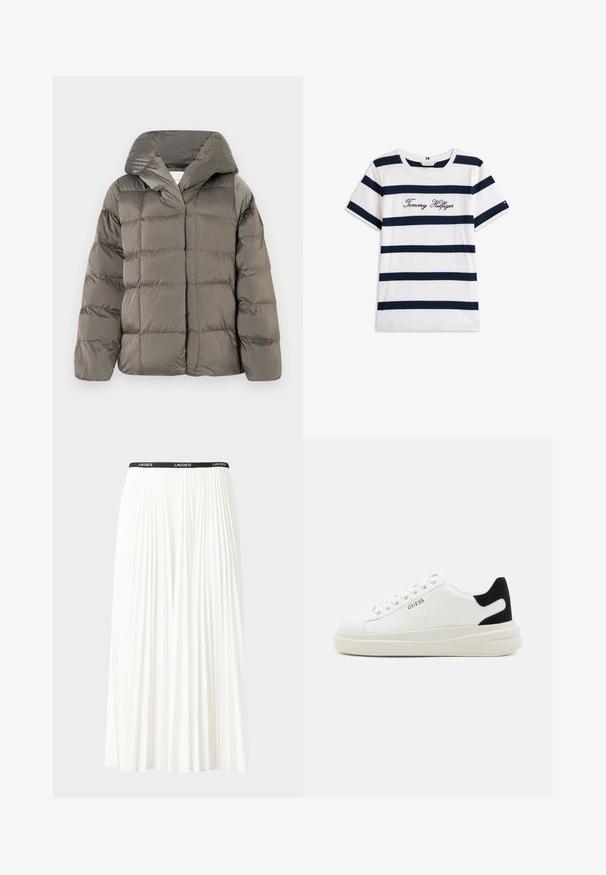 Sivka puhovka z velikim kapuco in sprednjim gumbom, prikazana na enotni beli podlagi.; Bombažna majica s horizontalnimi mornarsko modrimi črtami na belem ozadju. "Tommy Hilfiger" izvezeno v kurzivni pisavi na prsih. Okrugli izrez.; Gubasta bela krila z črnim elastičnim pasom, ki nosi logotip "LACOSTE". Srednje dolga zasnova z mehkobo tkanine.; Bele usnjene športne copate z debelim belim podplatom, črnimi semišnimi detajli na peti in utisnjenim logotipom na strani. Zavezovanje s šestimi luknjicami.