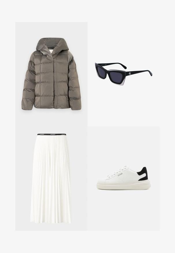 Sivka puhovka z velikim kapuco in sprednjim gumbom, prikazana na enotni beli podlagi.; Bombažna majica s horizontalnimi mornarsko modrimi črtami na belem ozadju. "Tommy Hilfiger" izvezeno v kurzivni pisavi na prsih. Okrugli izrez.; Gubasta bela krila z črnim elastičnim pasom, ki nosi logotip "LACOSTE". Srednje dolga zasnova z mehkobo tkanine.; Bele usnjene športne copate z debelim belim podplatom, črnimi semišnimi detajli na peti in utisnjenim logotipom na strani. Zavezovanje s šestimi luknjicami.; Črne prevelike sončne očala geometrijske oblike, z temnimi lečami in kontrastno sivo podrobnostjo na okvirju. Logo na ročaju.