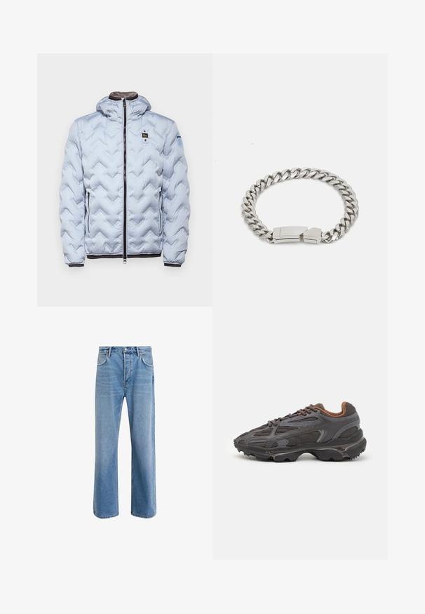 Giacca puffer azzurro chiaro con un motivo a zig-zag, con zip frontale, cappuccio e dettagli neri ai polsini e all'orlo.; Camicia bianca in cotone a maniche lunghe con scollatura rotonda, spacchi laterali in fondo e una texture liscia, mostrata da dietro.; Jeans in denim blu chiaro con design a gamba dritta, cinque tasche, chiusura con bottone, leggero sbiadimento e dettagli di cucitura a contrasto.; Sneaker Lacoste grigie scure in materiale mesh e sintetico, con suola testurizzata e dettagli marroni sul colletto e sul branding.; Calvin Klein ELECTRIC - Bracciale - silver-coloured
